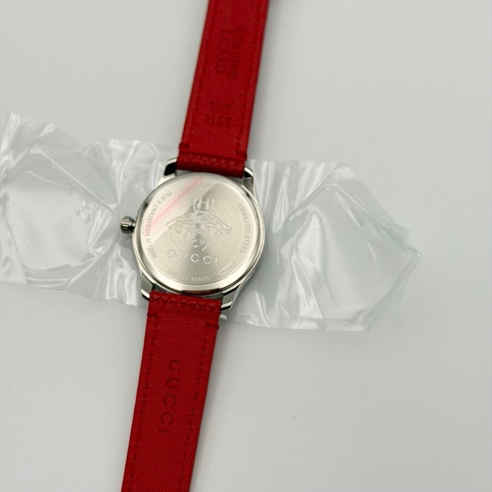Gucci G-Timeless YA1265017 Diamond Salmon Dial Red Leather Bee Watch NEW Box - Picture 3 of 8